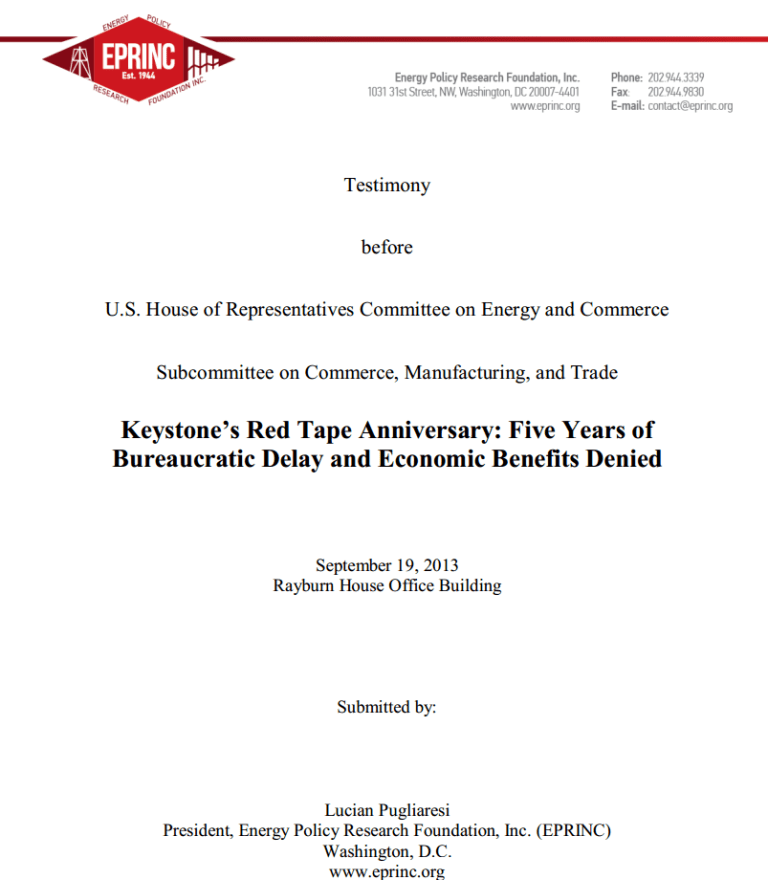 Cover page of a testimony on Keystone XL pipeline delays and economic impacts.
