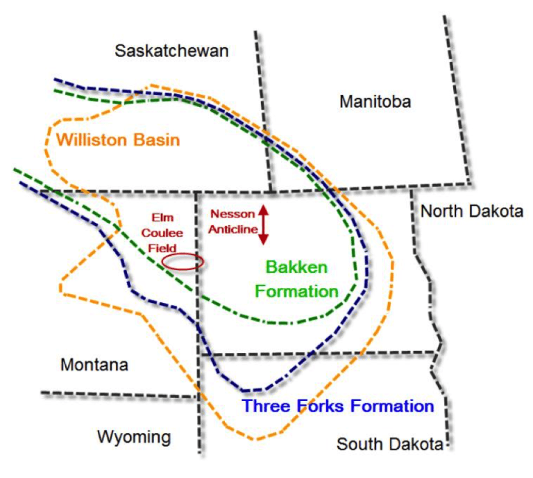 Map showing Bakken Formation and Williston Basin in North America.