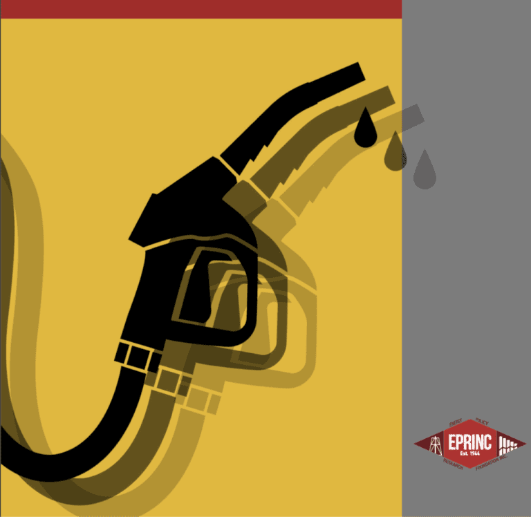 A black gas pump nozzle with dripping fuel against a mustard yellow and gray background.