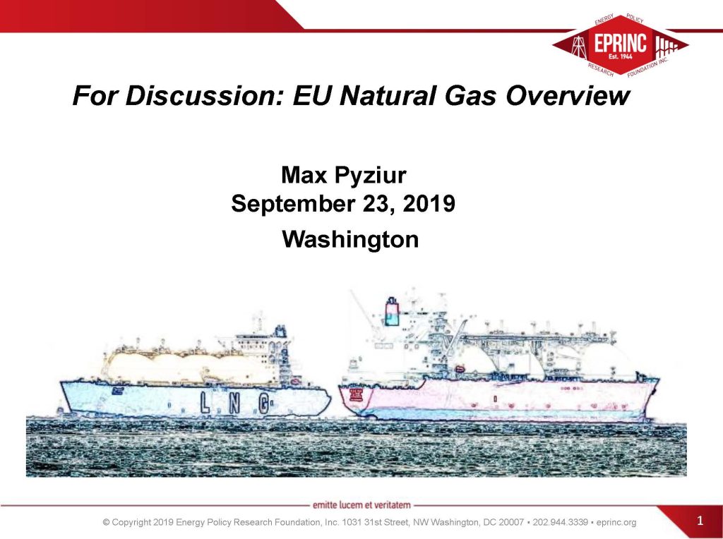 Presentation slide on EU natural gas overview by Max Pyziur in Washington, 2019.