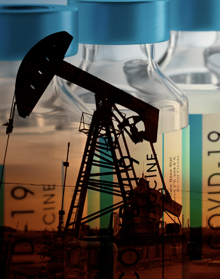 Oil rig silhouette against COVID-19 vaccine vials.