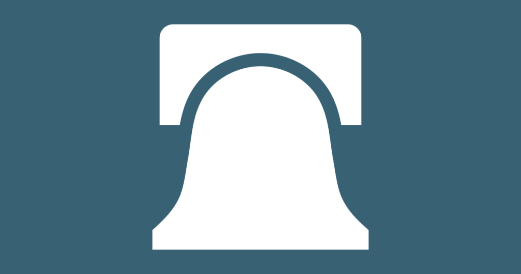 Stylized bell icon with a minimalist design on a blue background.