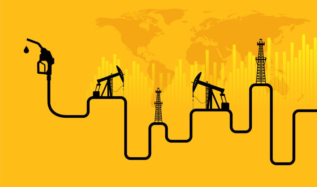 Illustration of oil extraction with pumpjacks and a derrick on a yellow background.
