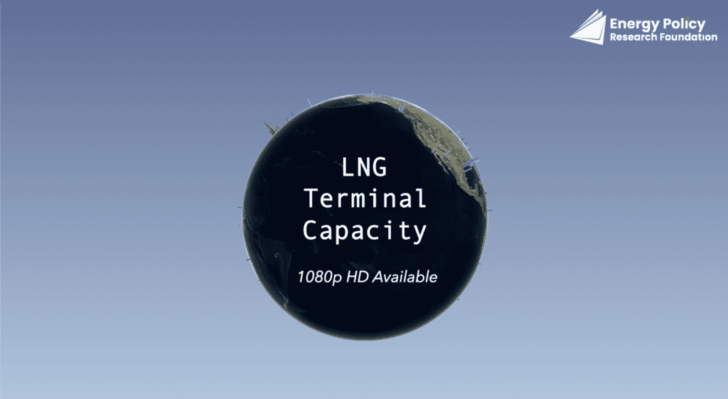 3D globe showing LNG terminal capacity data with Pacific coast focus.