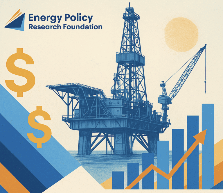 Offshore oil rig with economic symbols.