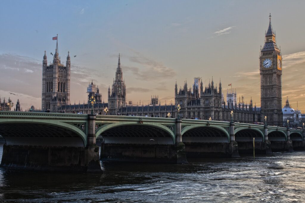 Big Ben and Westminster Bridge at sunset.