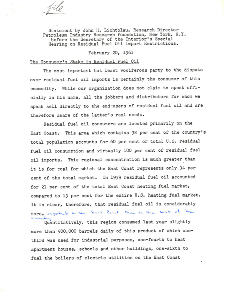 Typed document about residual fuel oil, 1961.