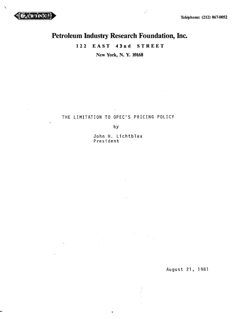 Report cover on OPEC's pricing policy, 1981.