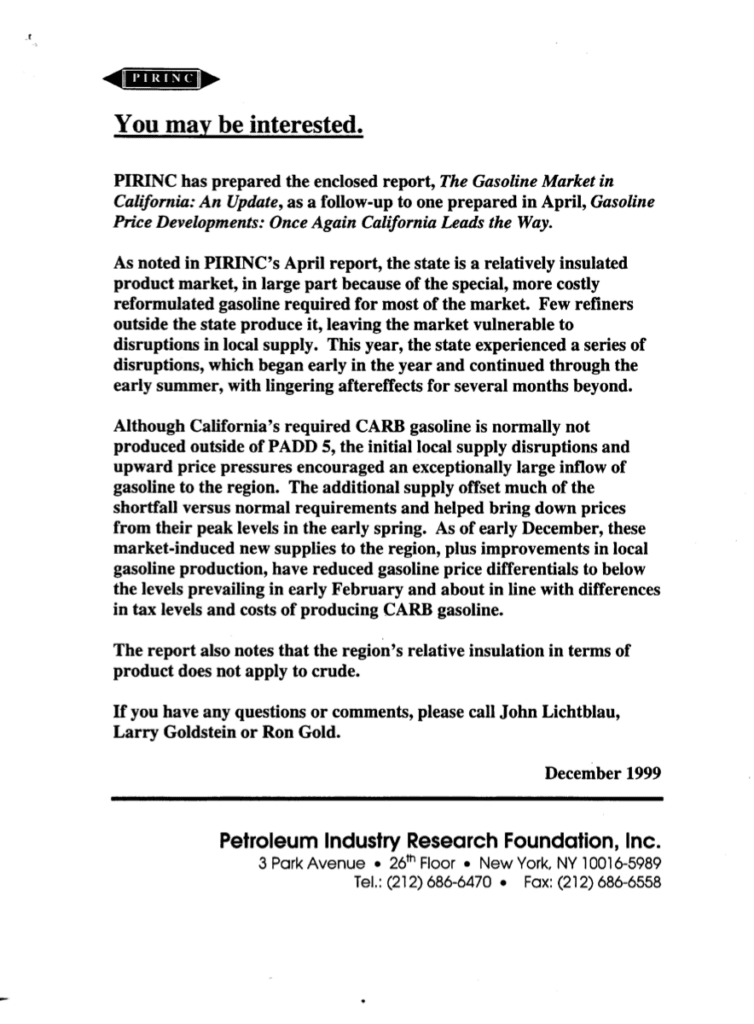 Document discussing California gasoline market report.