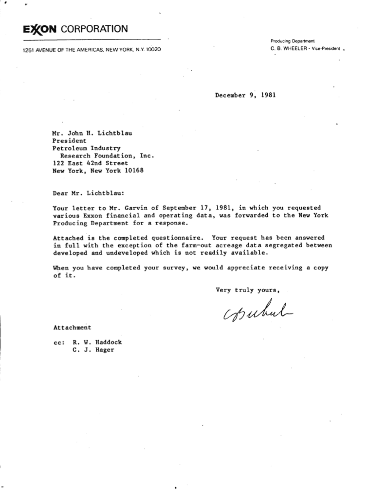 Exxon Corporation letter to Mr. Lichtblau.