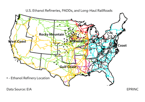 Ethanol refineries and rail infrastructure map