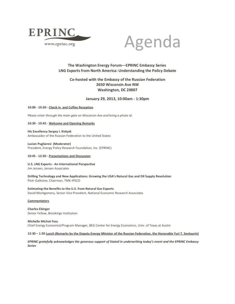 Washington Energy Forum event agenda, January 2013.