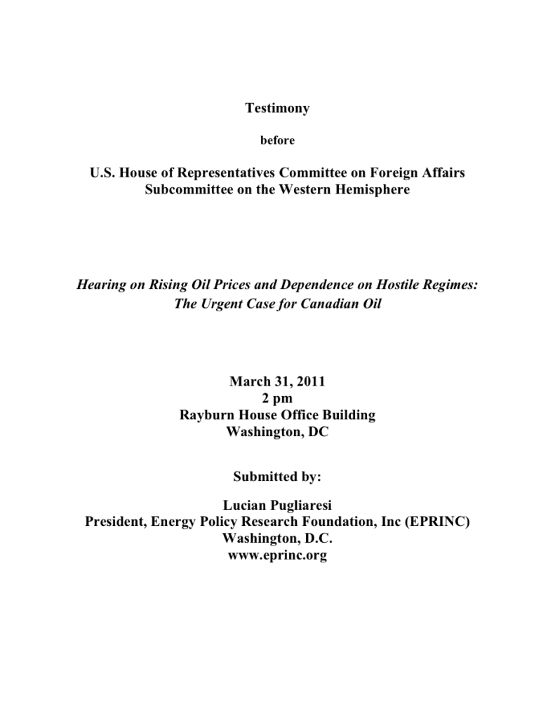 Testimony document on Canadian oil hearing.