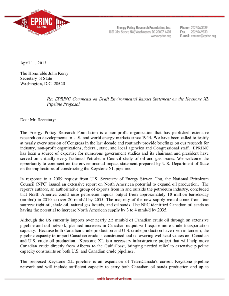 Letter discussing Keystone XL Pipeline impact statement.