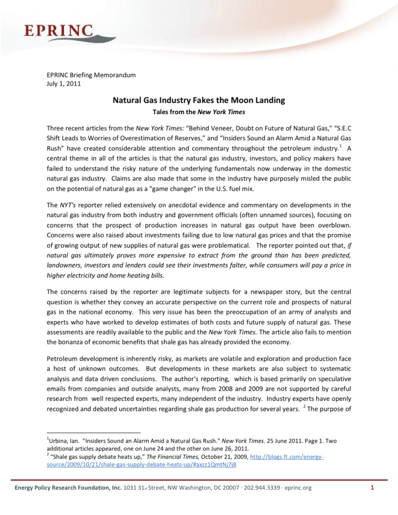 Briefing memorandum on natural gas industry.