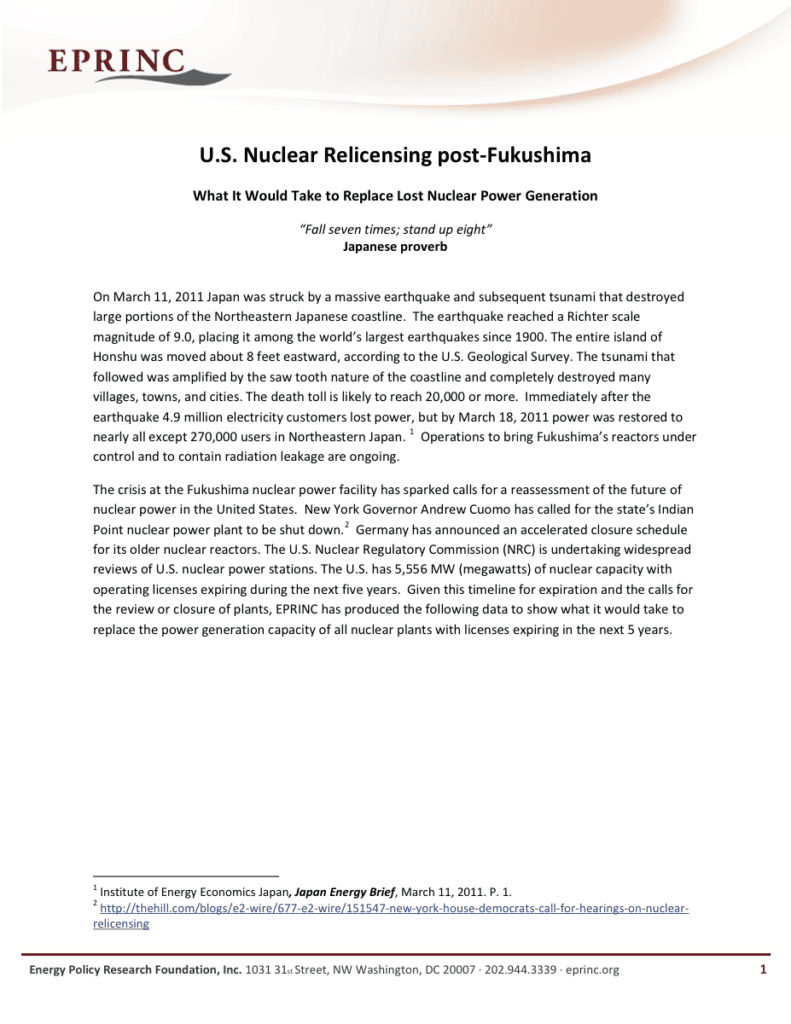Document on U.S. Nuclear Relicensing Post-Fukushima.