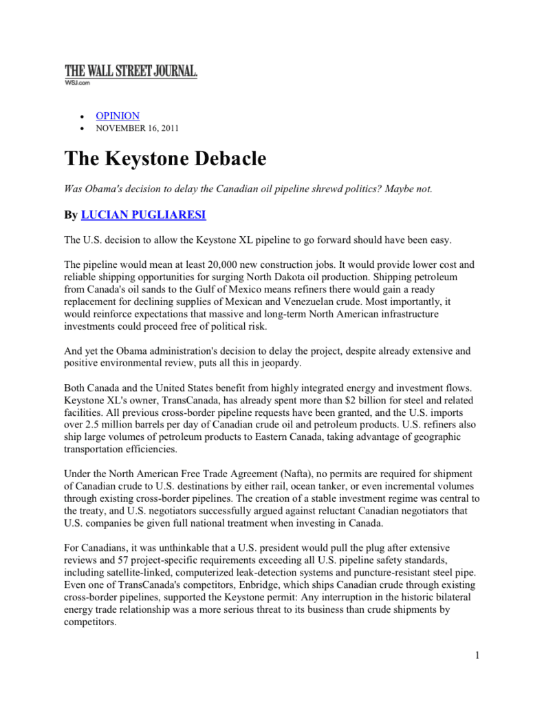 Wall Street Journal article about Keystone pipeline.