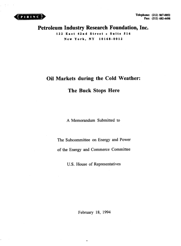Report cover on oil markets during cold weather.