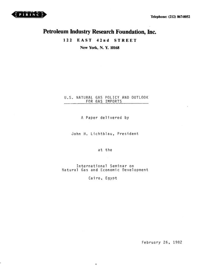 Paper on U.S. natural gas policy, 1982.