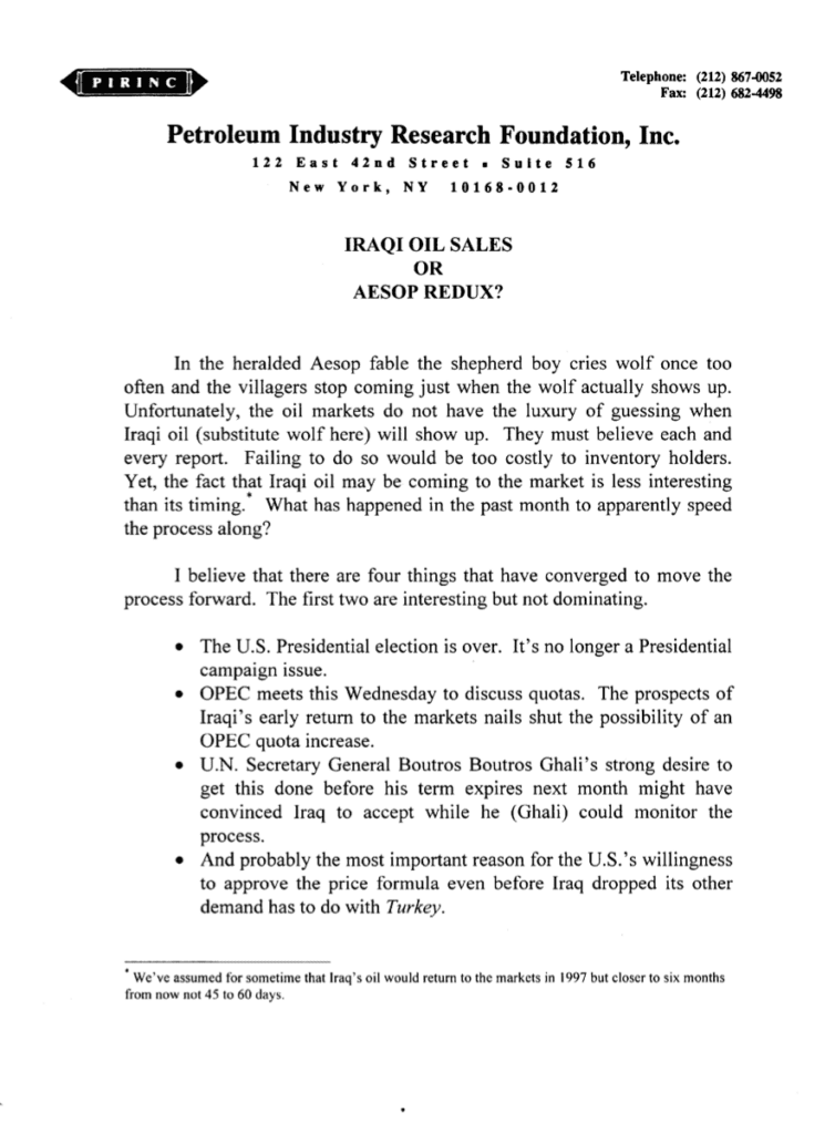 Petroleum Industry Research Foundation letter on oil.