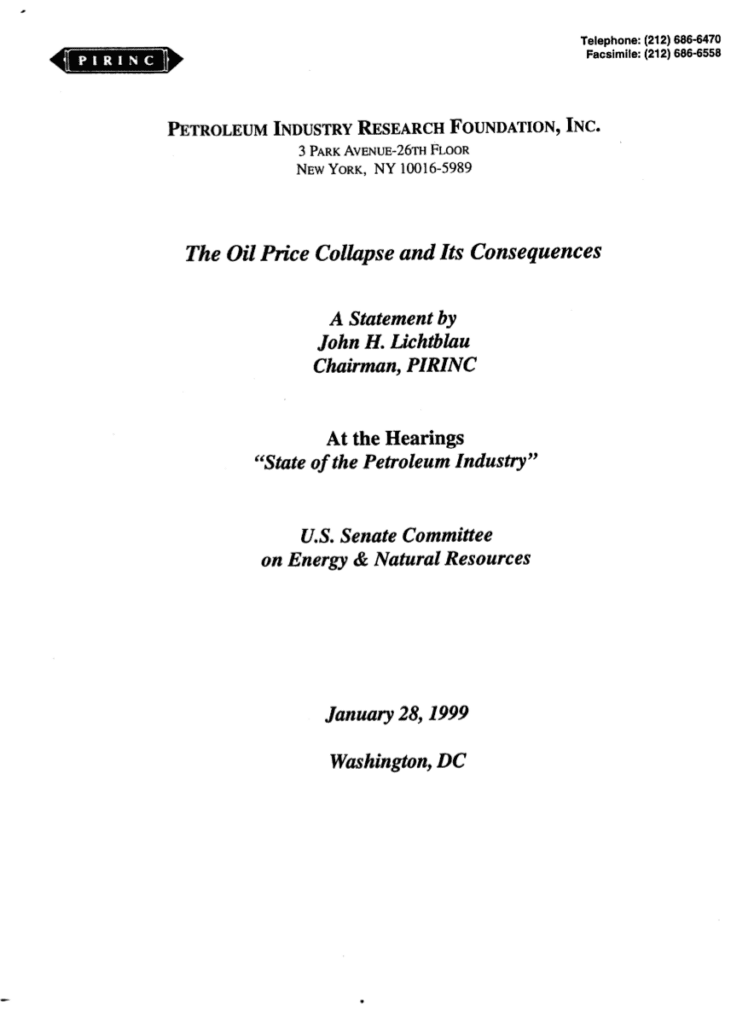 Cover page of oil price collapse statement.