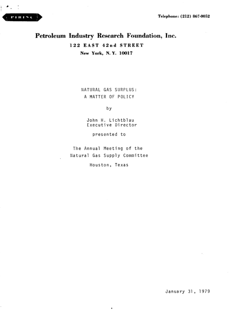 Natural Gas Surplus Policy Report Cover, 1979.