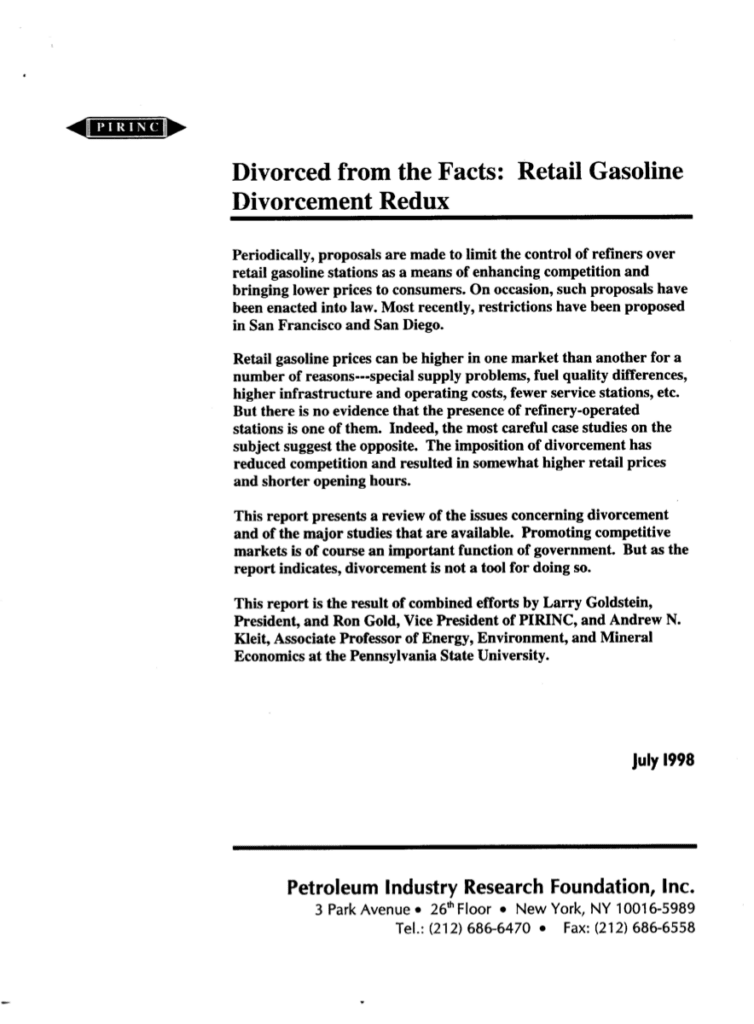 Report on retail gasoline divestment, July 1998.