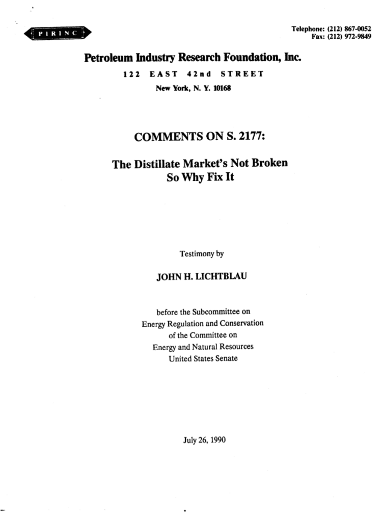 Testimony cover page on distillate market comments.