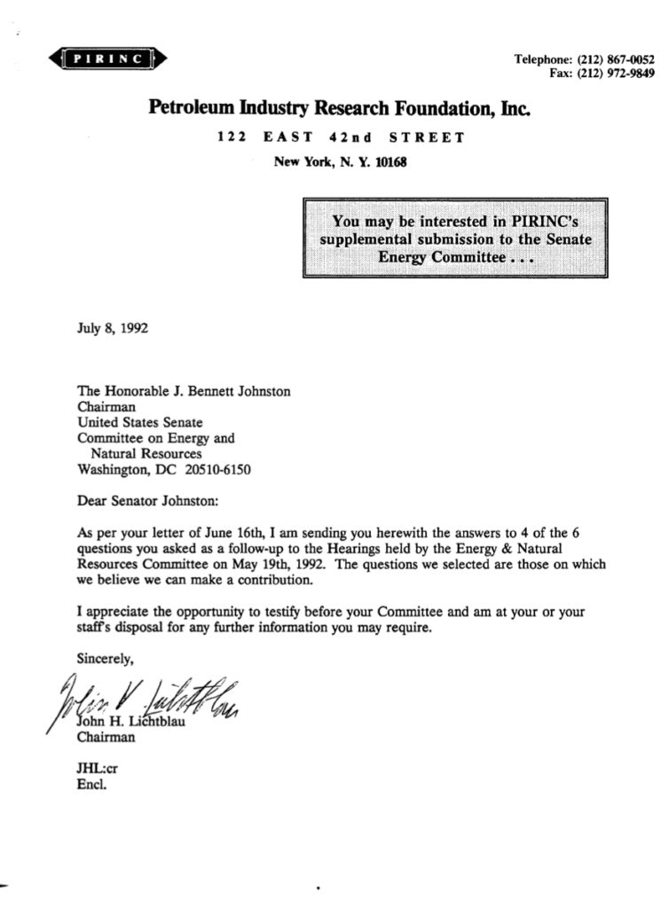 Letter from Petroleum Industry Research Foundation, 1992.