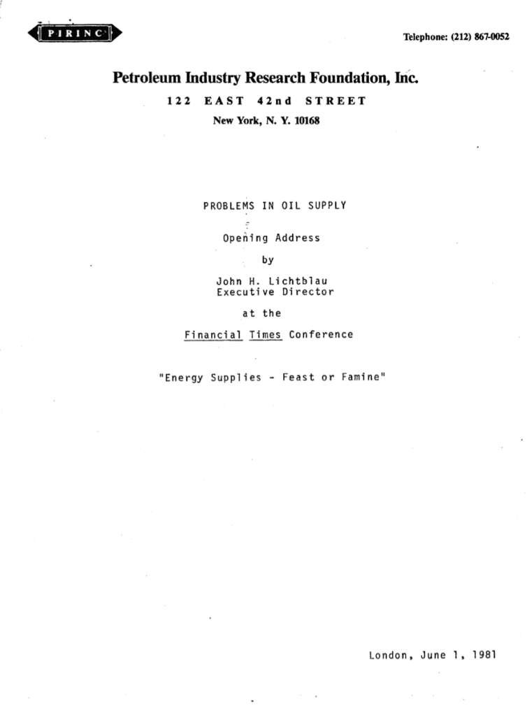 Oil supply conference address, June 1, 1981.