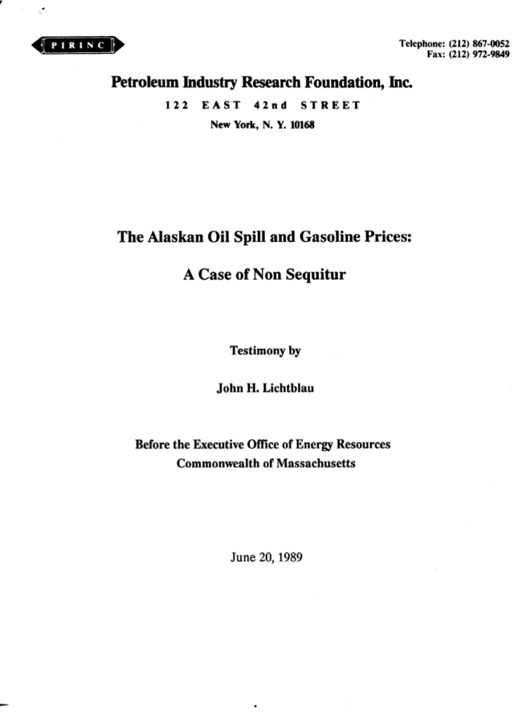 Testimony cover page on Alaskan oil spill.