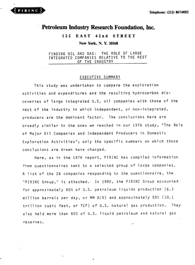 Document titled "Petroleum Industry Research Foundation.