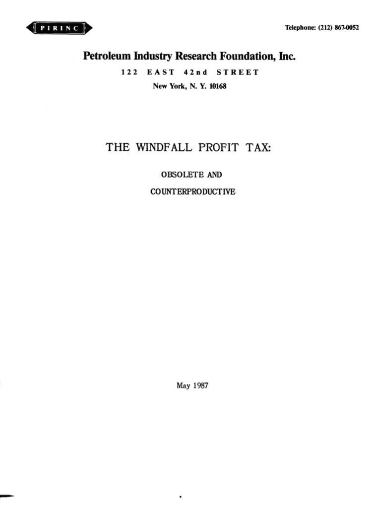 Report cover: The Windfall Profit Tax, 1987.