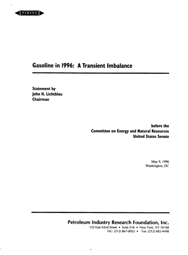 Gasoline report cover page, May 1996.