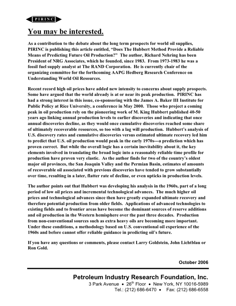 Research foundation article on oil supply prospects.