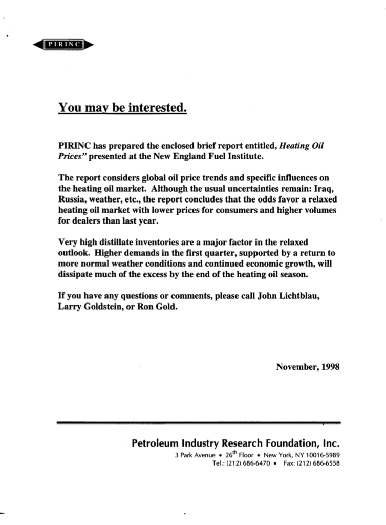 Report on heating oil prices, November 1998.