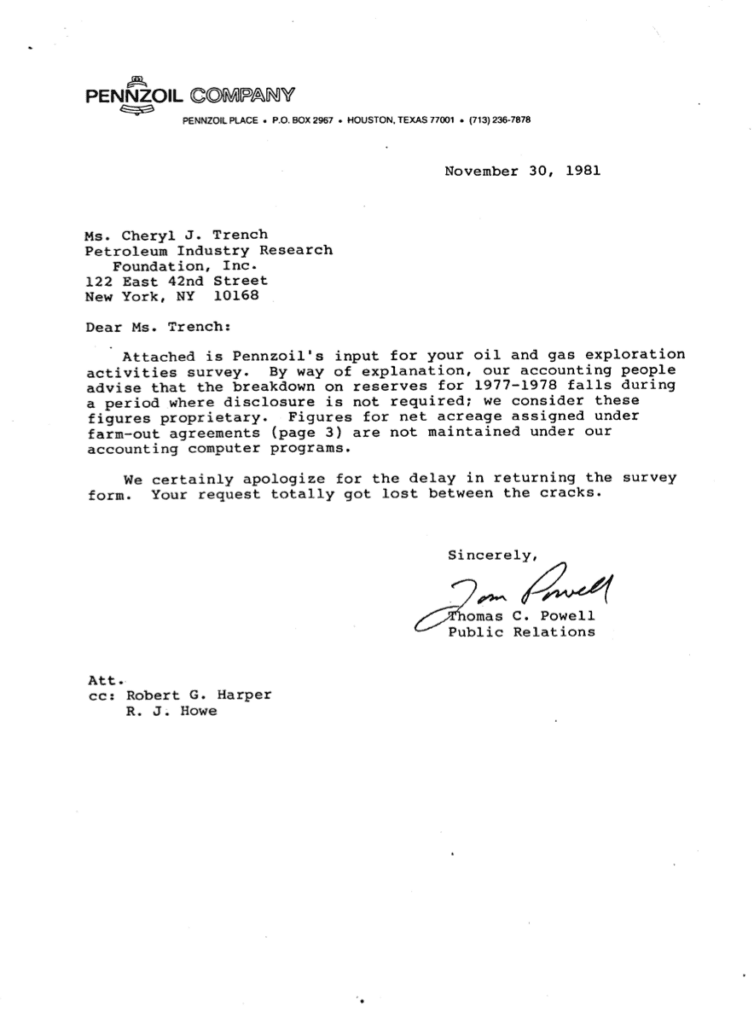 Letter from Pennzoil Company, dated November 30, 1981.