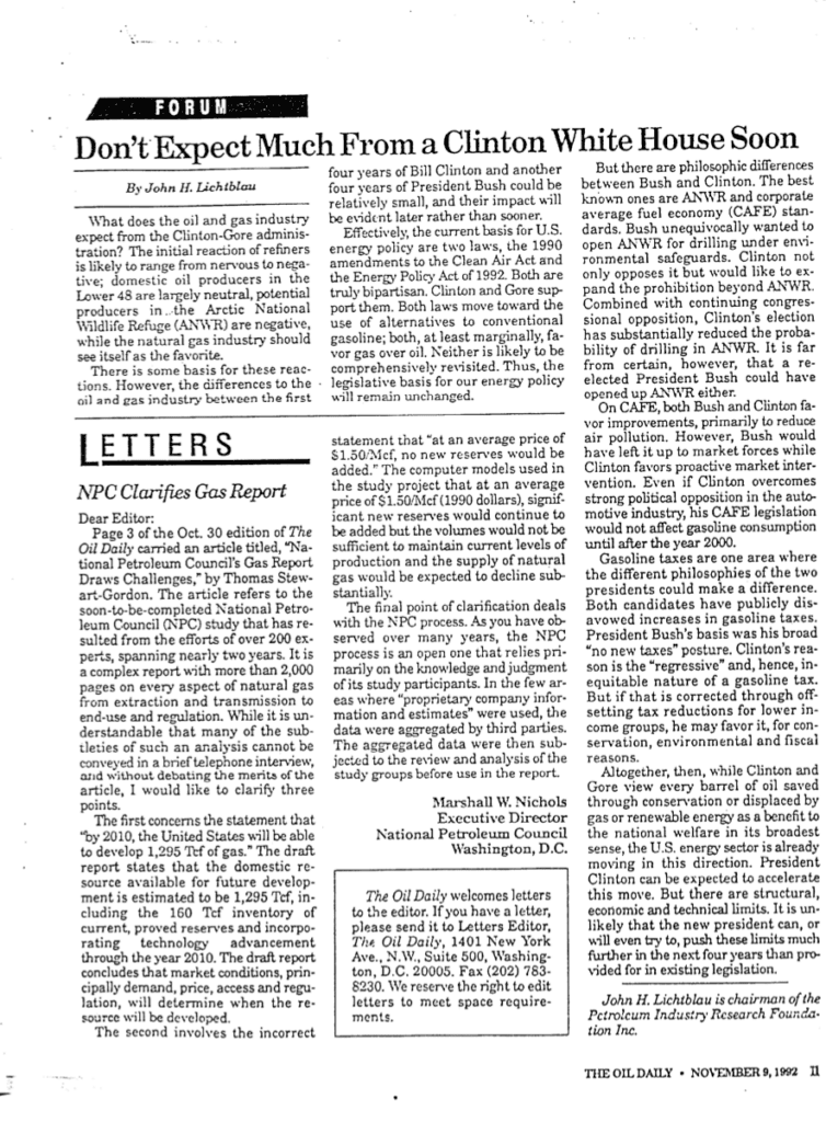 Newspaper article discussing Clinton's White House.