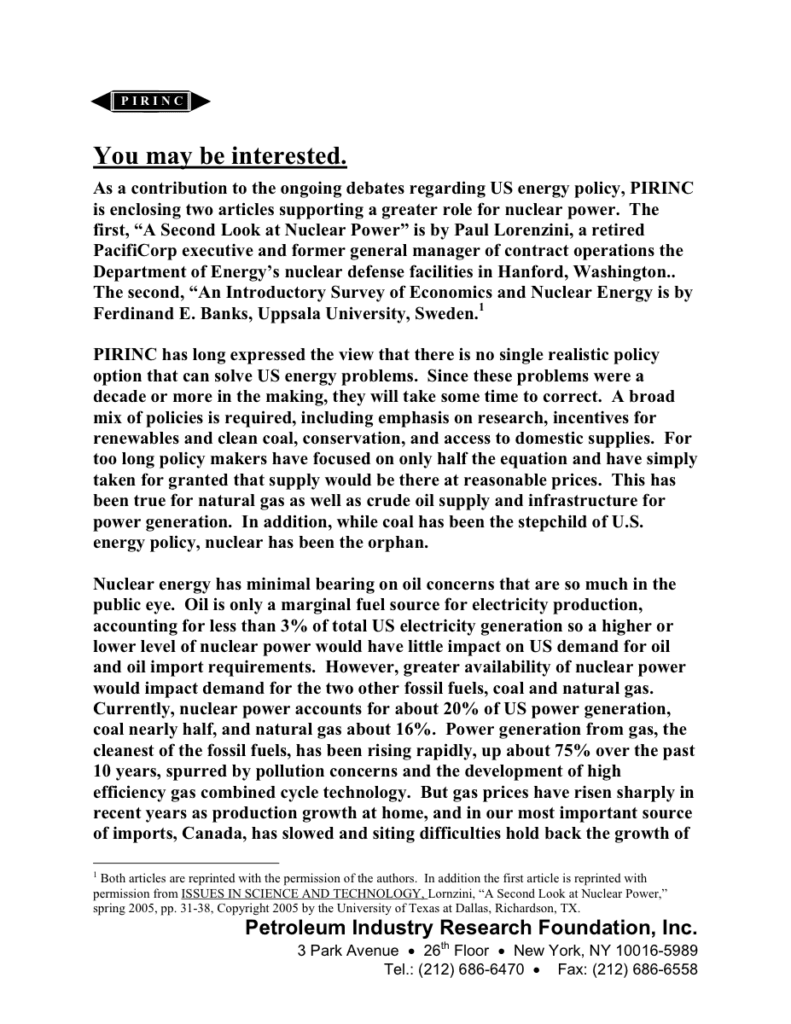 PRIFNC article on nuclear energy policy.