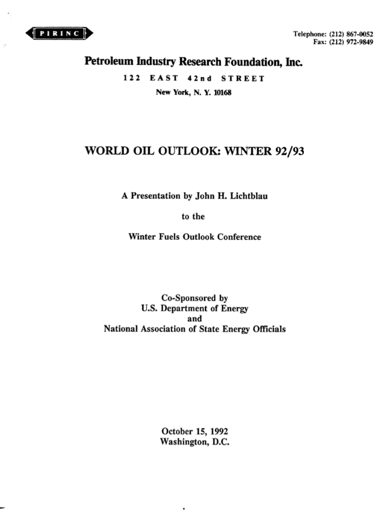 World Oil Outlook document cover, 1992-1993.
