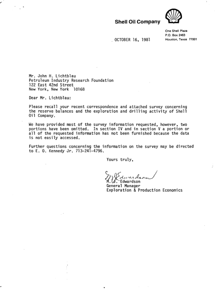 Letter from Shell Oil Company, October 1981.