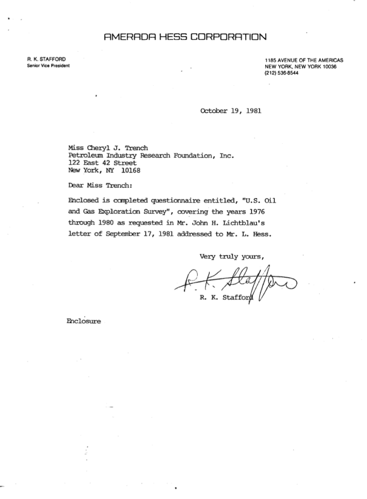Letter from Amerada Hess Corporation, 1981.