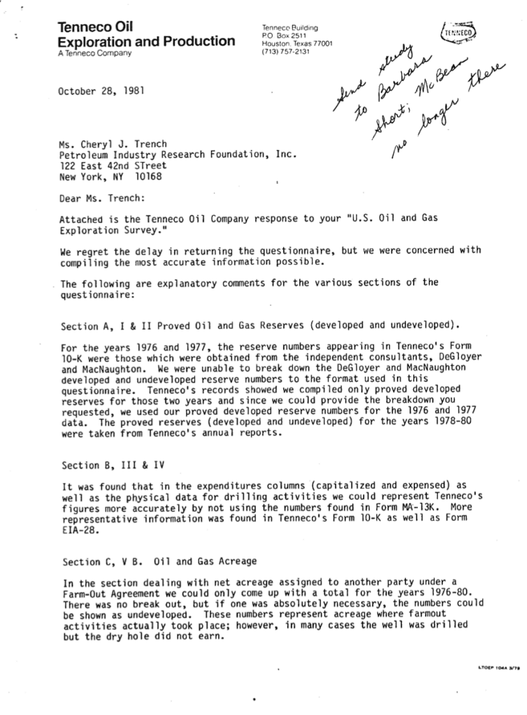 Letter from Tenneco Oil, October 1981.