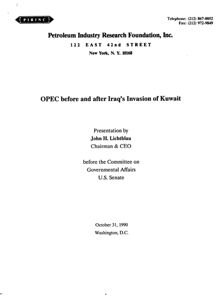 OPEC report cover page from 1990 presentation.