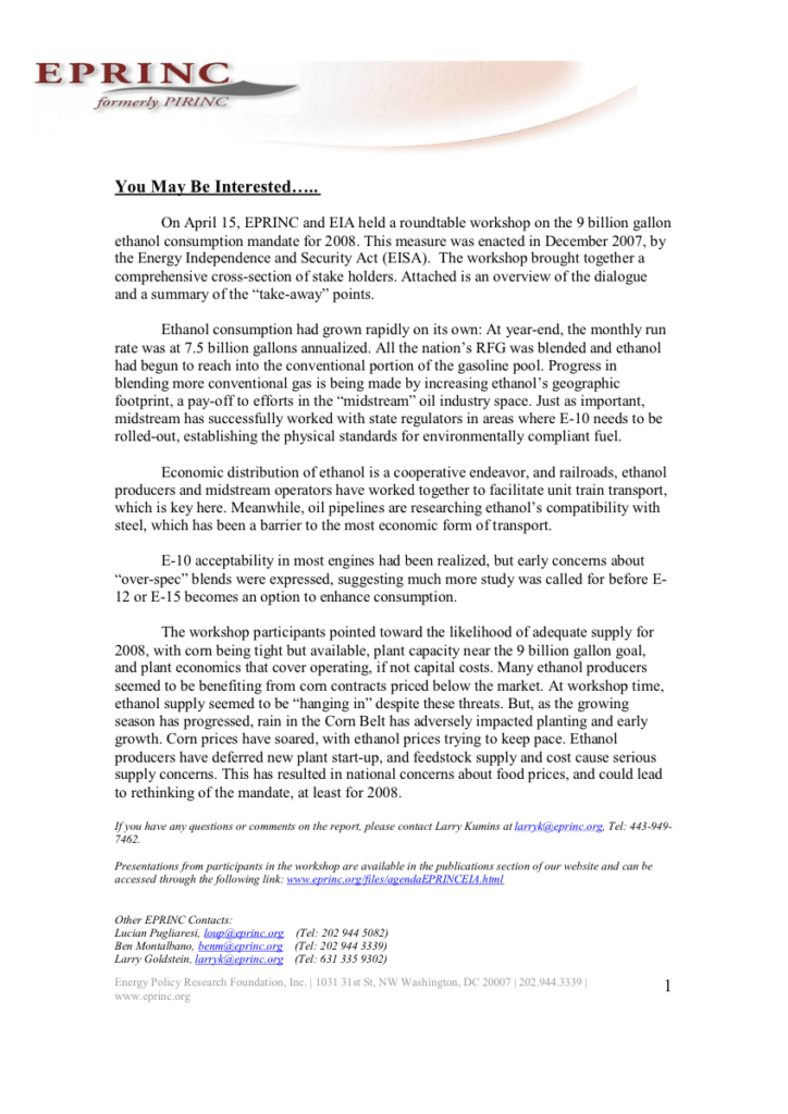 Document discussing ethanol consumption and energy policy.
