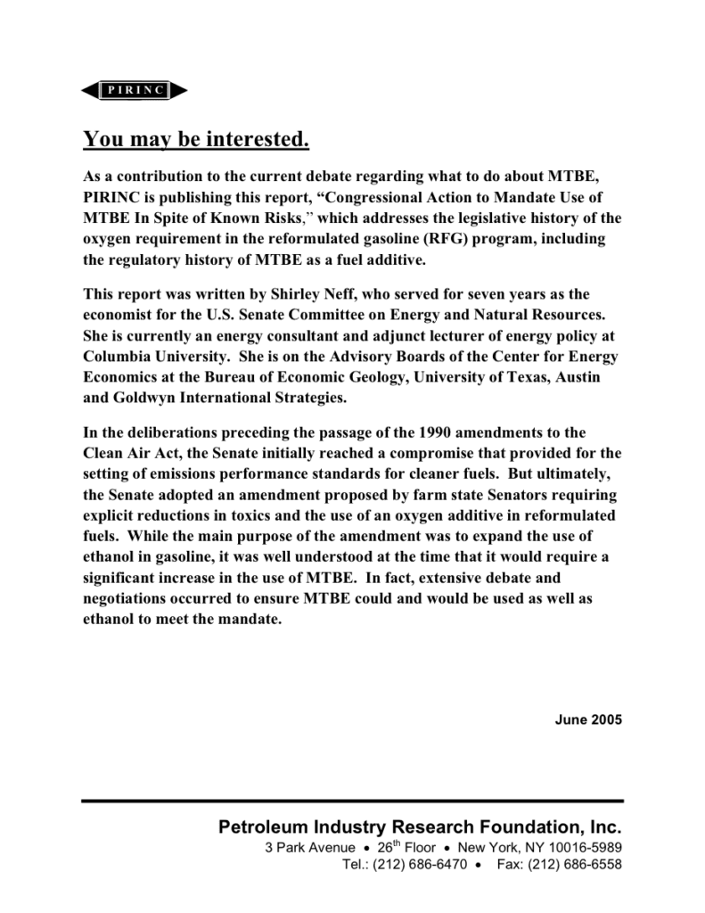 Report on MTBE use in gasoline mandate.