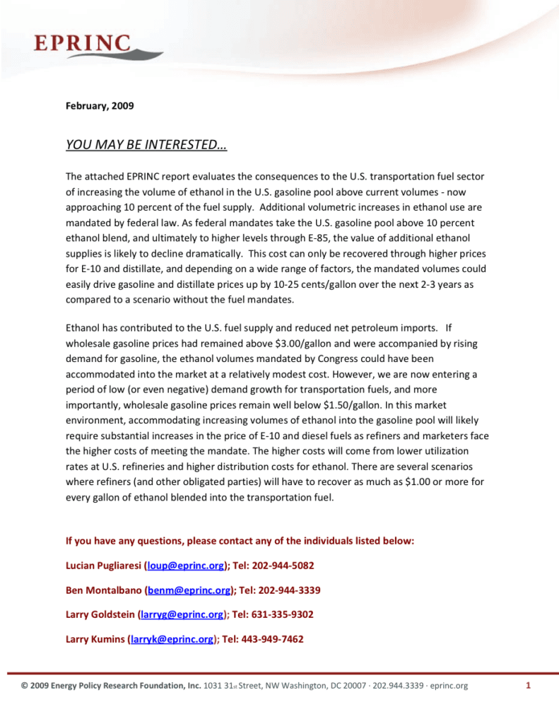 Document discussing ethanol impact on fuel industry.