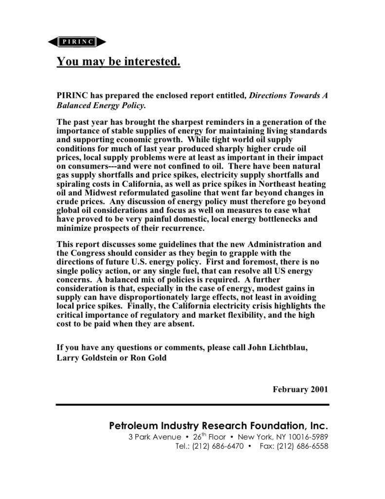 Text document discussing energy policy report.