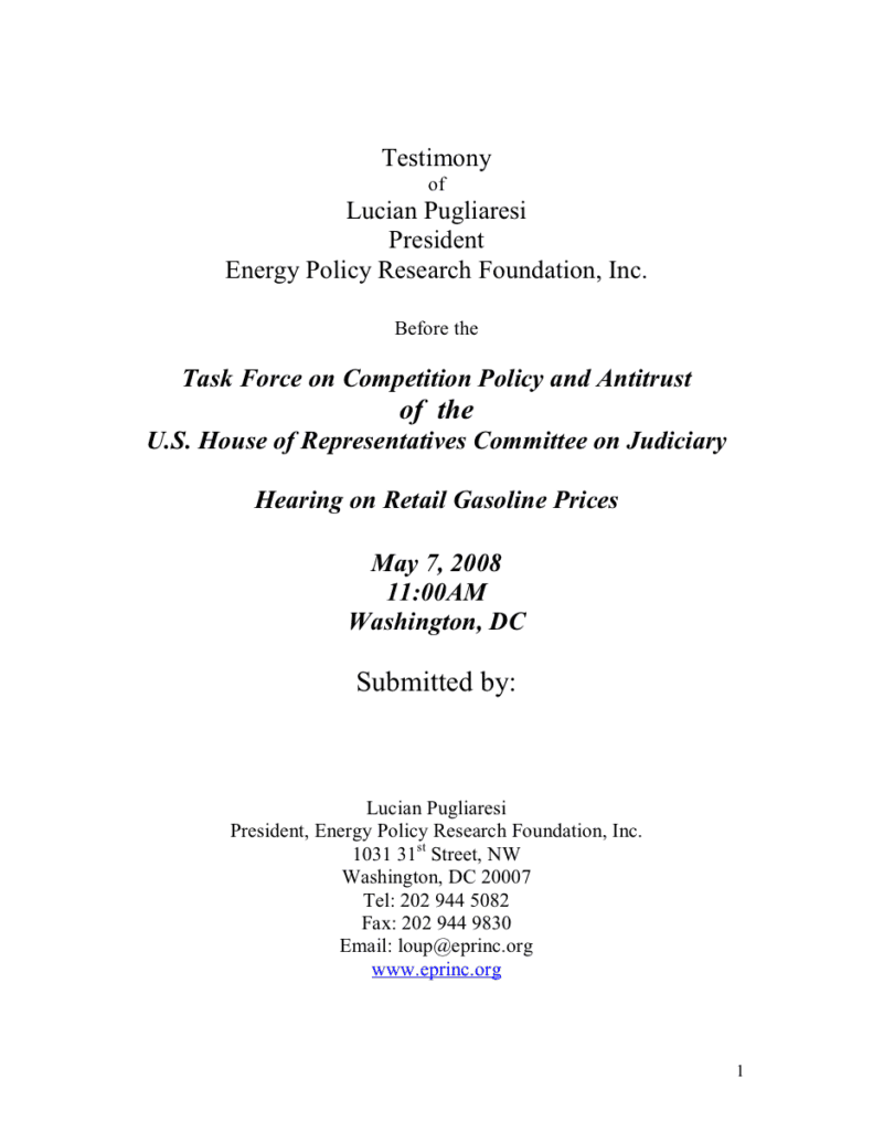 Testimony document on gasoline prices, 2008.