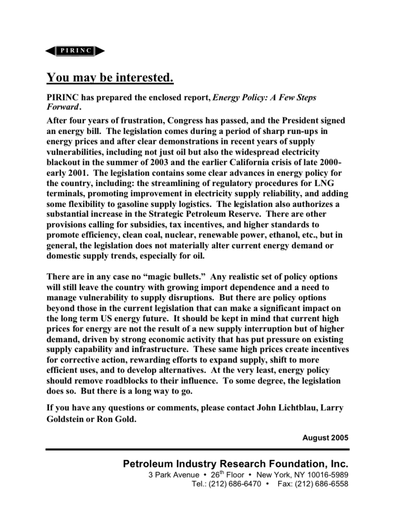 Text document about energy policy, August 2005.